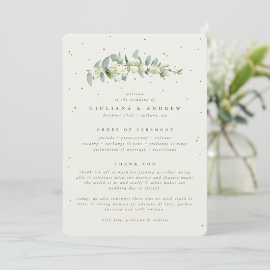 Elegante Crème Snowberry + Eucalyptus Stem Bruilof Programmakaart (Staand voorkant)