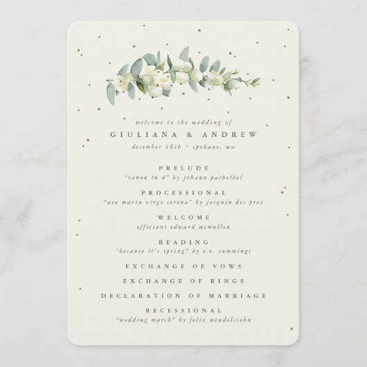 Elegante Crème Snowberry + Eucalyptus Stem Bruilof Programmakaart (Voorkant)