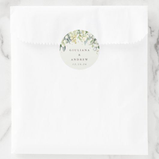 Elegante Crème Snowberry+Eucalyptus Trouwkaart Ronde Sticker (Tas)