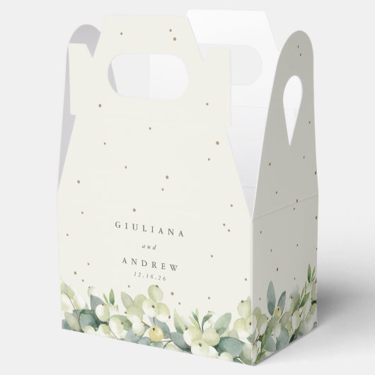 Elegante Crème Snowberry+Eucalyptus Winter Bruilof Bedankdoosjes (Geopend)