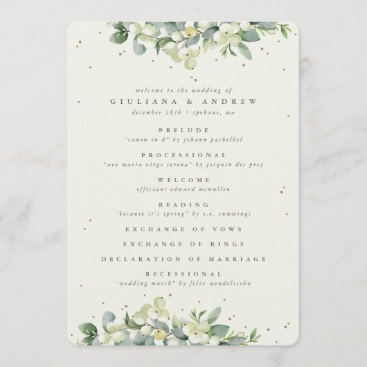 Elegante Crème Snowberry+Eucalyptus Winter Bruilof Programmakaart (Voorkant)