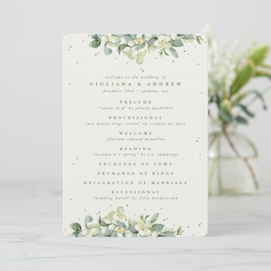 Elegante Crème Snowberry+Eucalyptus Winter Bruilof Programmakaart (Staand voorkant)