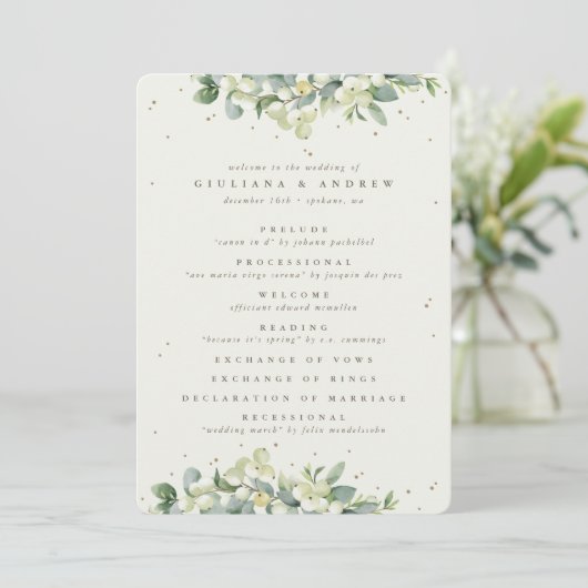 Elegante Crème Snowberry+Eucalyptus Winter Bruilof Programmakaart (Staand voorkant)