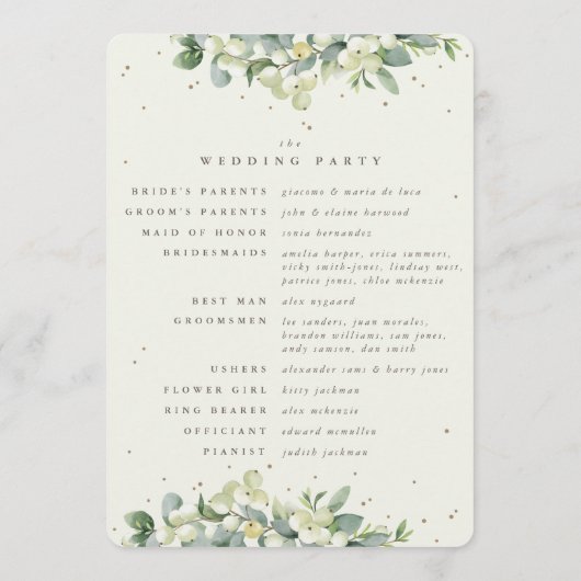 Elegante Crème Snowberry+Eucalyptus Winter Bruilof Programmakaart (Achterkant)