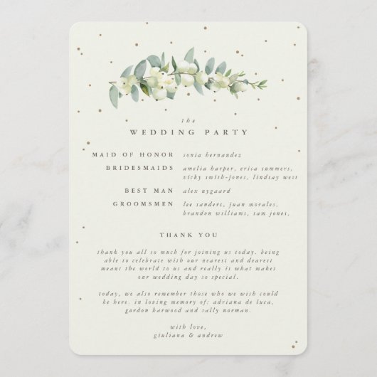 Elegante Crème Snowberry+Eucalyptus Winter Bruilof Programmakaart (Achterkant)