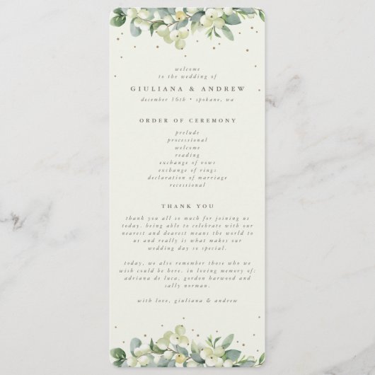 Elegante Crème Snowberry+Eucalyptus Winter Bruilof Programmakaart (Voorkant)