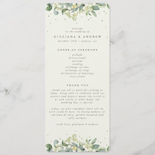 Elegante Crème Snowberry+Eucalyptus Winter Bruilof Programmakaart