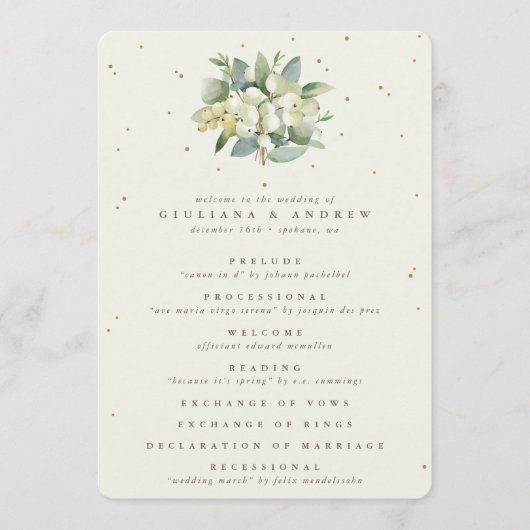 Elegante Crème Snowberry+Eucalyptus Winter Bruilof Programmakaart (Voorkant)