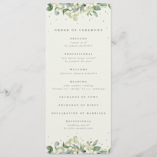 Elegante Crème Snowberry+Eucalyptus Winter Bruilof Programmakaart (Voorkant)