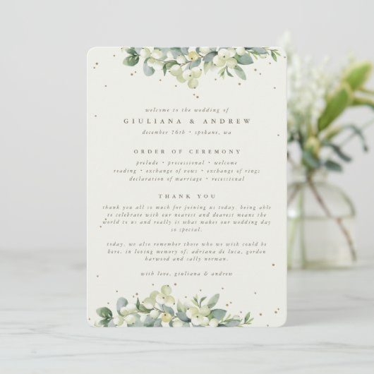 Elegante Crème Snowberry+Eucalyptus Winter Bruilof Programmakaart (Staand voorkant)