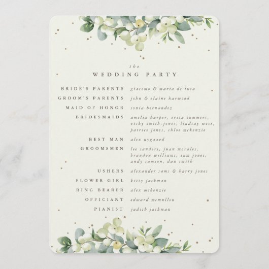 Elegante Crème Snowberry+Eucalyptus Winter Bruilof Programmakaart (Achterkant)