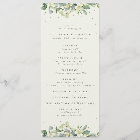 Elegante Crème Snowberry+Eucalyptus Winter Bruilof Programmakaart (Voorkant)
