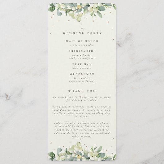 Elegante Crème Snowberry+Eucalyptus Winter Bruilof Programmakaart (Achterkant)