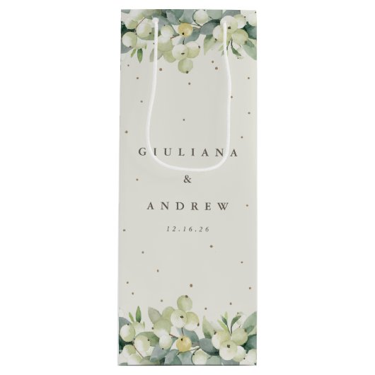 Elegante Crème Snowberry+Eucalyptus Winter Bruilof Wijn Cadeautas (Voorkant)