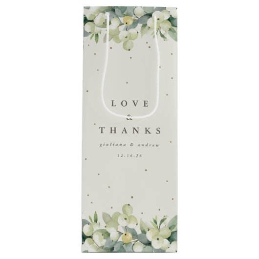 Elegante Crème Snowberry+Eucalyptus Winter Bruilof Wijn Cadeautas (Voorkant)
