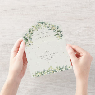 Elegante Crème Snowberry + Eucalyptus Winterbruilo All In One Uitnodiging