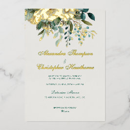 Elegante Crème Teal Bloem Goud Waterverf Trouwfees Folie Uitnodiging