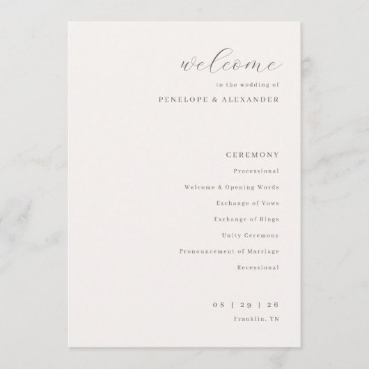 Elegante Crème Trouwceremonie Programmakaart (Voorkant)
