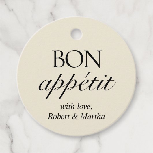 Elegante Crème Witte Bon Appetit Persoonlijk Bedankjes Labels (Voorkant)