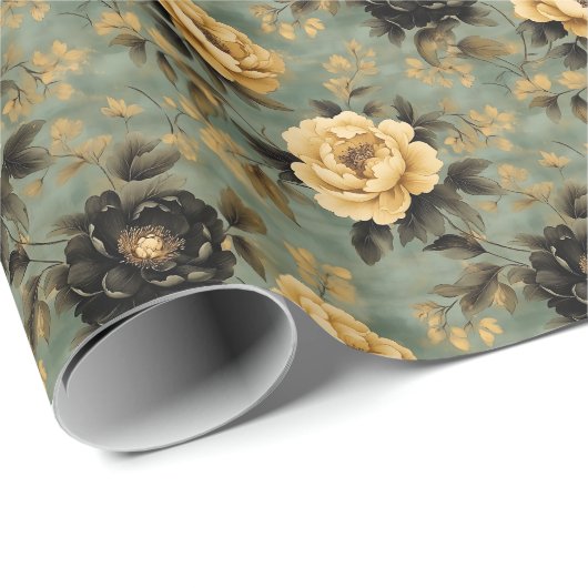 Elegante Crème & Zwarte Rozen op Sage Green & Gold Cadeaupapier (Rol Hoek)