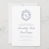 Elegante Crest Blue Toile Wedding Kaart (Voorkant)