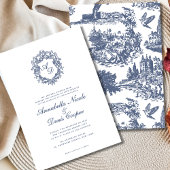 Elegante  Crest Blue Toile Wedding Kaart