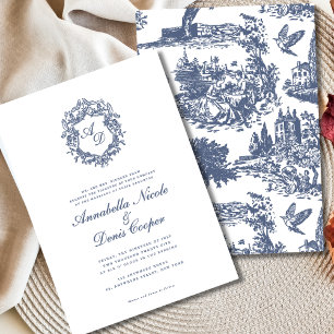 Elegante  Crest Blue Toile Wedding Kaart