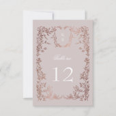 Elegante Crest Floral Trouwtafel Nummer RSVP Kaartje (Voorkant)