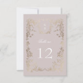 Elegante Crest Floral Trouwtafel Nummer RSVP Kaartje (Voorkant)