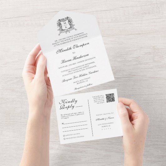 Elegante  Crest Line Art Boho QR Code Foto All In One Uitnodiging (Afscheurbaar)