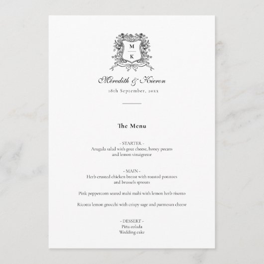Elegante Crest Line Art Dank u bruiloft Menu (Voorkant)