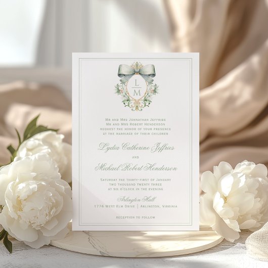 Elegante Crest met saliegroene strik | Monogram tr Kaart