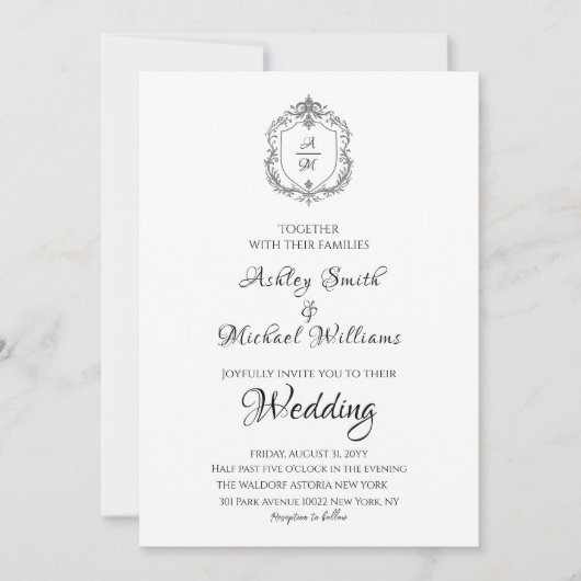 Elegante Crest Minimalist formele monogram bruilof Kaart (Voorkant)