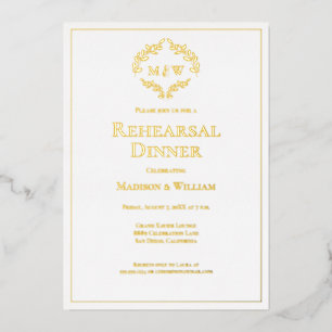 Elegante Crest Monogram bruiloft repetitie diner Folie Uitnodiging