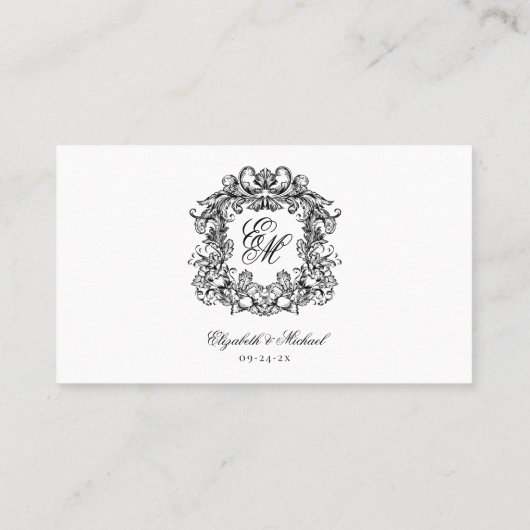 Elegante Crest Monogram Bruiloftsflat Plaatskaartje (Achterkant)
