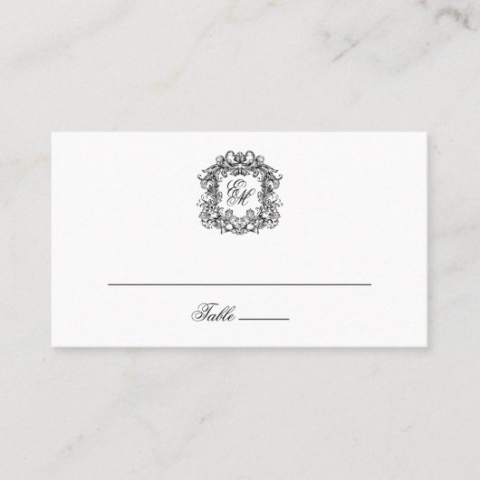 Elegante Crest Monogram Bruiloftsflat Plaatskaartje (Voorkant)
