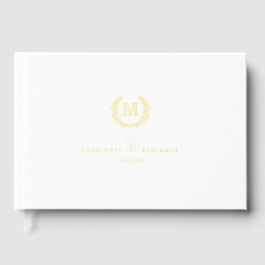 Elegante Crest Monogram Huwelijk Wit Gastenboek (Voorkant)