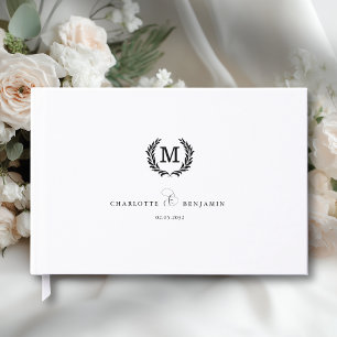 Elegante Crest Monogram Huwelijk Wit Gastenboek