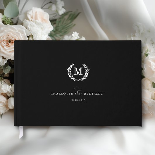 Elegante Crest Monogram Huwelijk Zwart Gastenboek