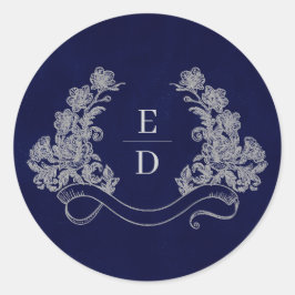 Elegante Crest Monogram Navy Heritage Bruiloft Ronde Sticker