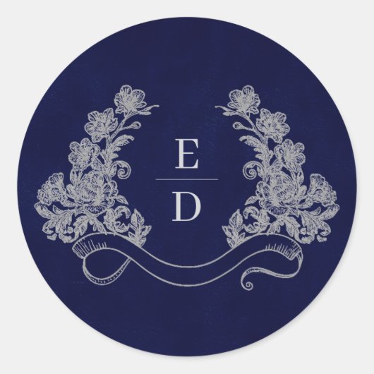 Elegante Crest Monogram Navy Heritage Bruiloft Ronde Sticker (Voorkant)