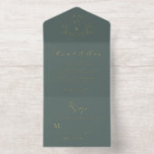 Elegante Crest Monogram Script Sage Wedding All In One Uitnodiging (Binnenkant)