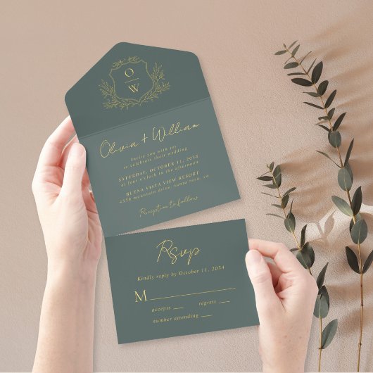 Elegante Crest Monogram Script Sage Wedding All In One Uitnodiging