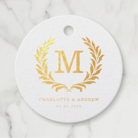 Elegante Crest Monogram Trouwdag Bedankjes Labels (Voorkant)