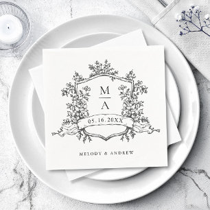 Elegante Crest Monogrammen Huwelijk Zwart & Wit Servet