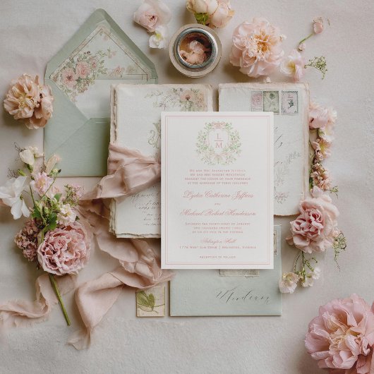 Elegante Crest w / Blush Pink Bow | Monogram bruil Kaart