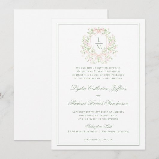 Elegante Crest w / Blush Pink Bow | Monogram bruil Kaart (Voorkant / Achterkant)