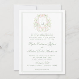 Elegante Crest w / Blush Pink Bow | Monogram bruil Kaart