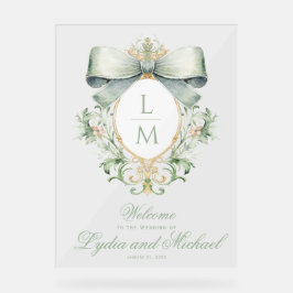 Elegante Crest w / Groene Bow Bruiloft Welkom Acryl Bord