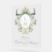 Elegante Crest w / Groene Bow Bruiloft Welkom Acryl Bord (Hoek)